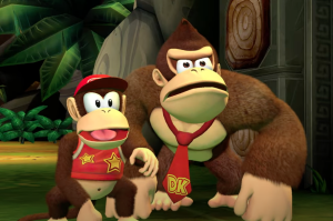 Diddy and Donkey Kong gaze in despair as their huge trove of bananas is hauled off by hypnotized wildlife in Donkey Kong Country Returns HD